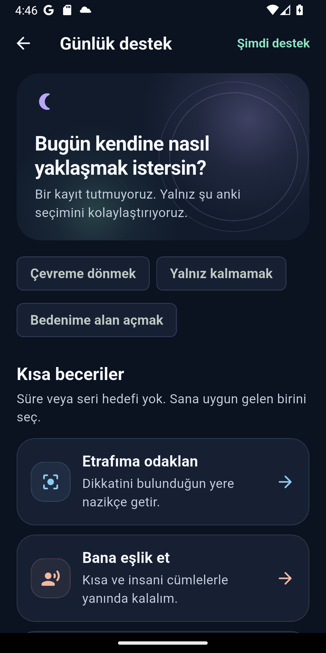 Denge günlük destek ekranı
