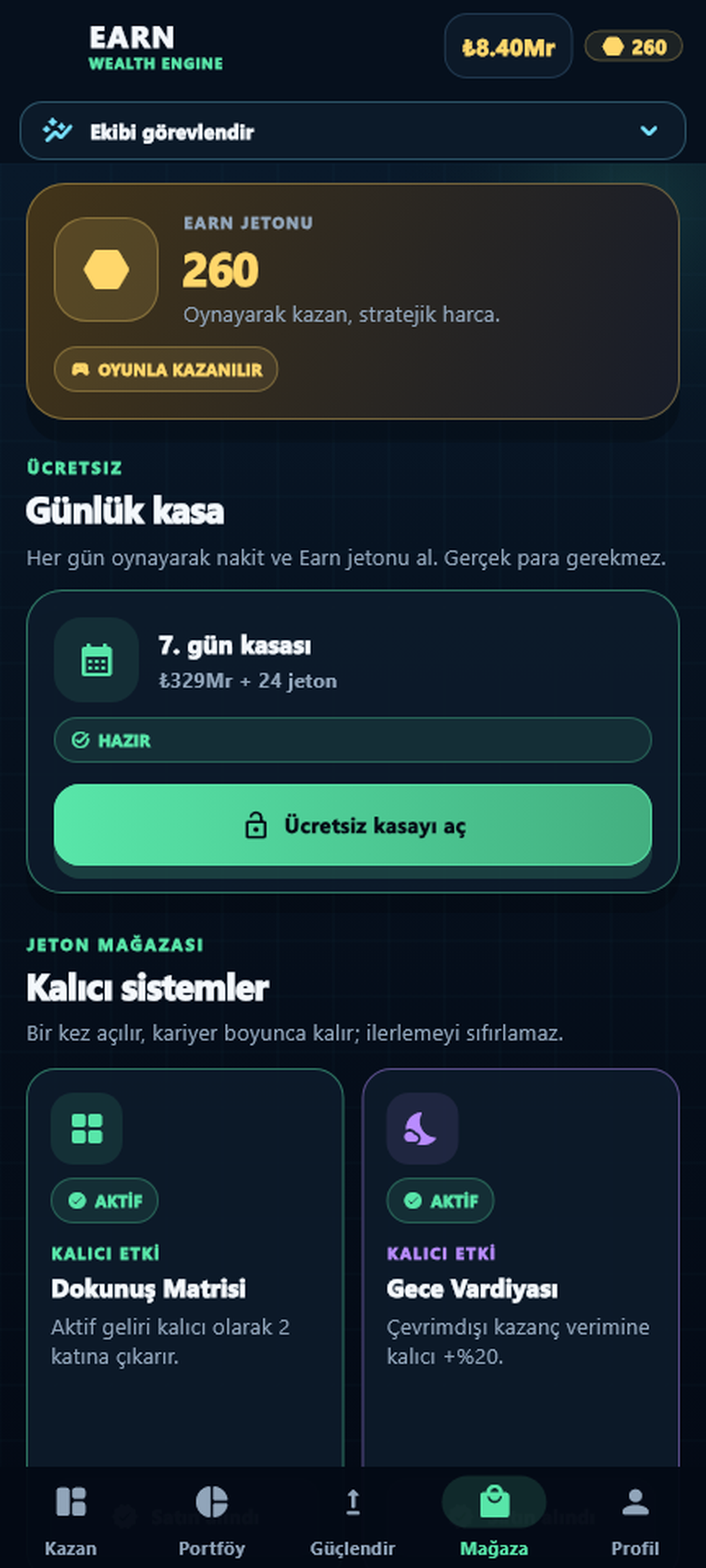 Earn oyun içi mağaza ekranı