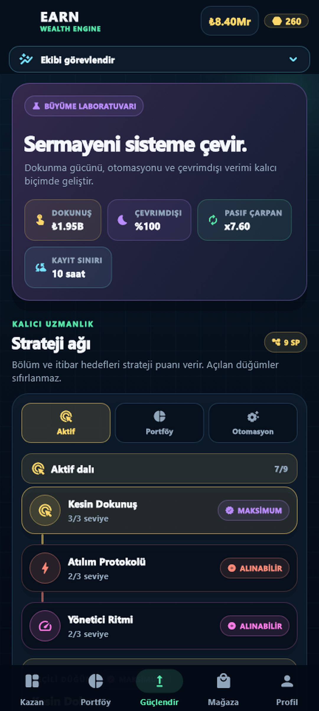 Earn güçlendirme ve strateji ağacı ekranı
